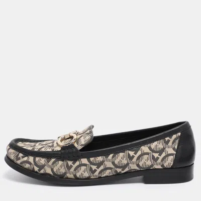 Ferragamo Beige/black Canvas And Leather Gancini Loafers