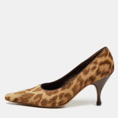 Pre-owned Ferragamo Beige/brown Animal Print Calf Hair Pumps Size 37.5