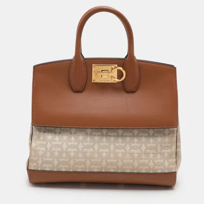 Pre-owned Ferragamo Beige/brown Canvas And Leather Medium The Studio Tote