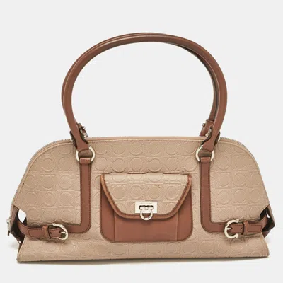 Pre-owned Ferragamo Beige/brown Gancini Embossed Leather Zip Satchel