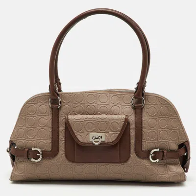Pre-owned Ferragamo Beige/brown Gancini Embossed Leather Zip Satchel In Sand