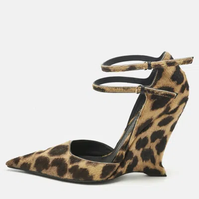 Pre-owned Ferragamo Beige/brown Leopard Print Calf Hair Wedge Pumps Size 39.5 In Sand