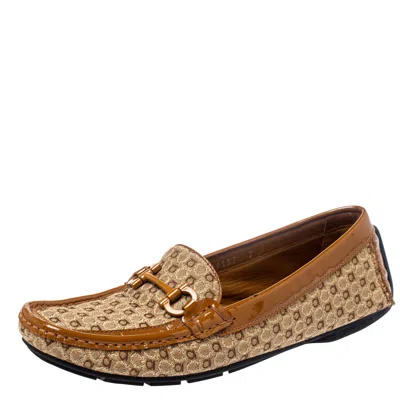 Ferragamo Beige/caramel Gancini Canvas And Patent Leather Loafers In Brown