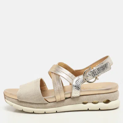 Ferragamo Beige/gold Canvas And Leather Gancini Platform Sandals In Animal Print