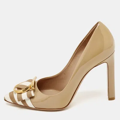 Pre-owned Ferragamo Beige/white Patent Leather And Canvas Ezia Pumps Size 38