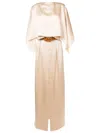Ferragamo Silk Blend Satin Long Dress With Cape Cream In Neutral