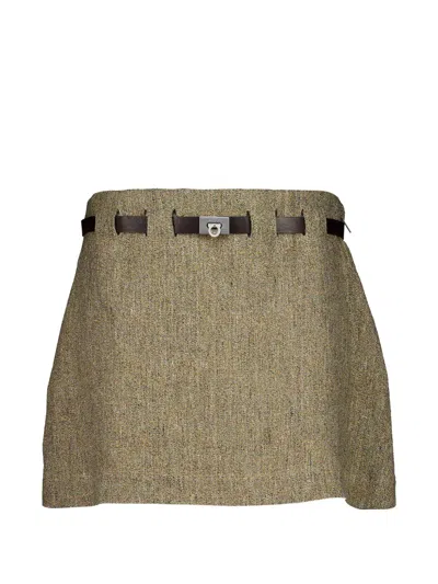 Ferragamo Linen A-line With Gancini Belt Skirt In Green