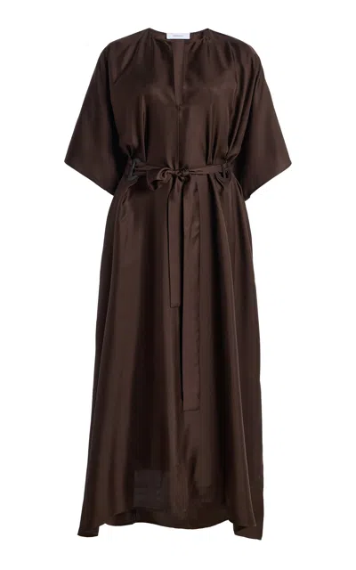 Ferragamo Belted Silk Midi Dress In Brown
