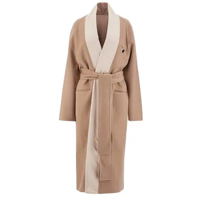 Ferragamo Belted Wrap Wool Coat In ["beige"]