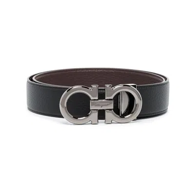 Ferragamo Black And Brown Reversible Belt With Gancini Detail In Smooth Leather Man