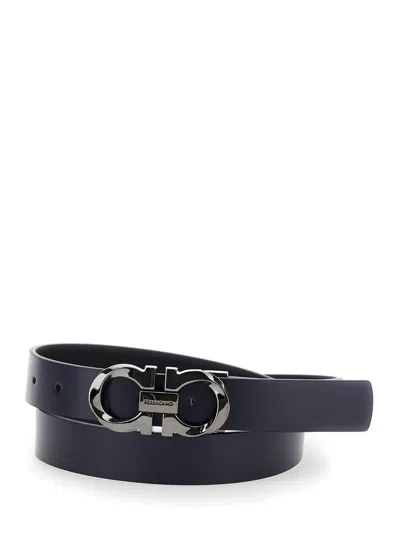 Ferragamo Black And Blue Reversible Belt With Gancini Buckle In Leather Man