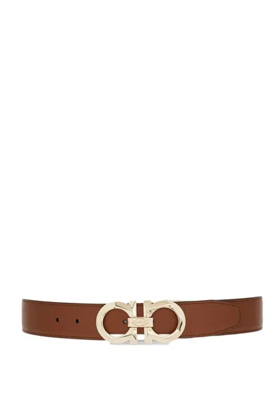 Ferragamo Brown Gancini Reversible Belt In Radica Nero