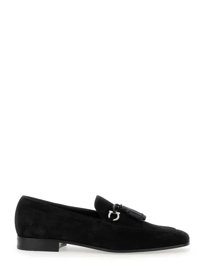 Ferragamo 'besile 2' Black Loafers With Gancini And Cord Detail In Suede Man