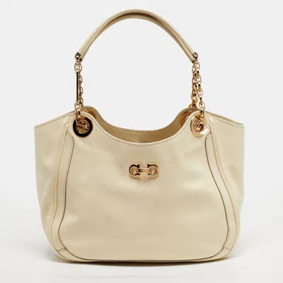 Ferragamo Betulla Cream Leather Tote In White