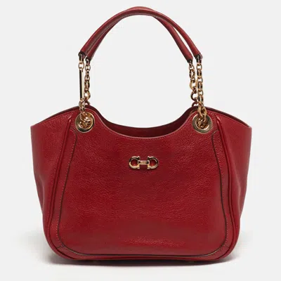 Ferragamo Betulla Red Leather Tote In White