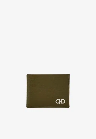 Ferragamo Bi-fold Gancini Leather Wallet In Green