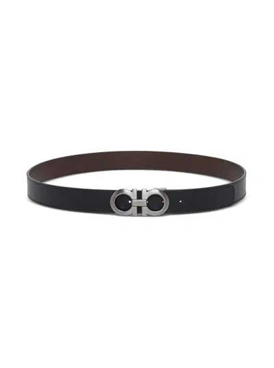 Ferragamo Bicolor Leather Belt With Logo Buckle In Black