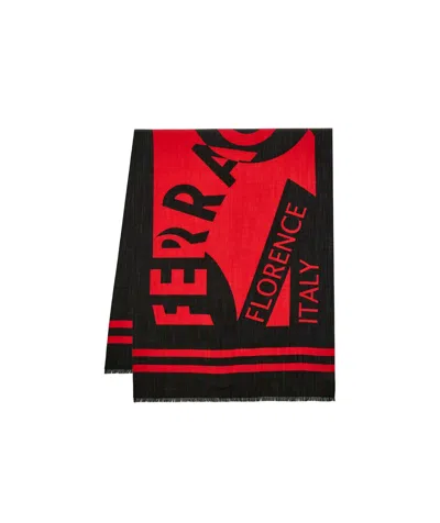 Ferragamo Intarsia Knit-logo Wool Scarf In Black