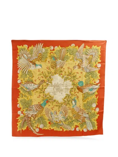 Pre-owned Ferragamo Bird-print Scarf In Orange