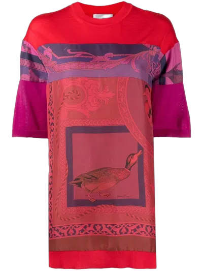 Ferragamo Bird-printed Silk-front T-shirt In Red