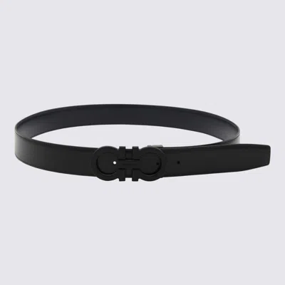 Ferragamo Black And Blue Marine Leather Reversible Gancini Belt In Nero || Blue Marine