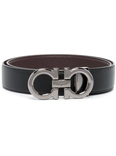 FERRAGAMO BLACK AND BROWN REVERSIBLE BUCKLE BELT WITH GANCINI LOGO IN LEATHER MAN