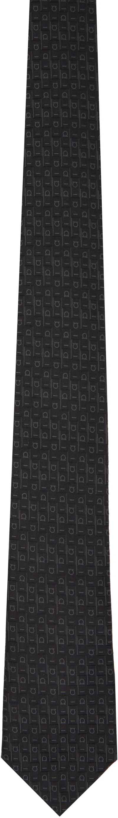Ferragamo Black & Gray '' Monogram Jacquard Tie