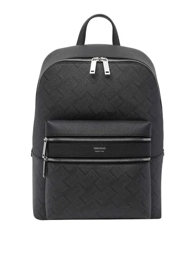 Ferragamo Black And Grey Embossed Gancini Backpack