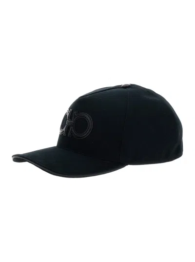 Ferragamo Black Baseball Cap With Leather Gancini Detail On The Front In Cotton Man In Multicolor