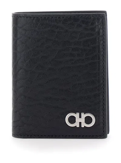 Ferragamo Black Bi-fold Wallet With Gancini Plaque On The Front In Leather Man