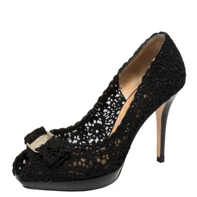 Ferragamo Black Bonita Lace Peep Toe Pumps
