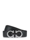 Ferragamo Calf Leather Belt With Polished Silver Buckle And Iconic Logo In Black
