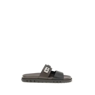 Ferragamo Black Calf Leather Bos Taurus Strap-on Sandals