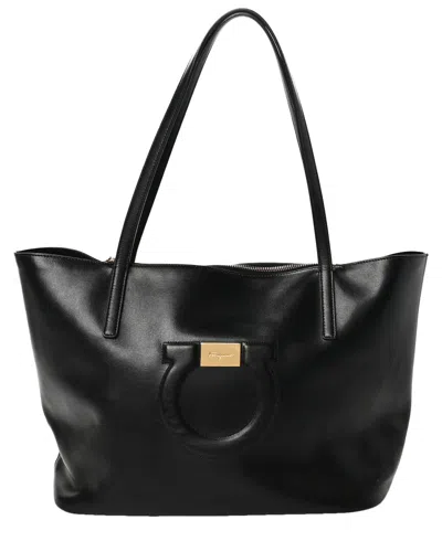 Ferragamo Black Calfskin Leather Medium Gancini Tote (authentic Pre-loved)