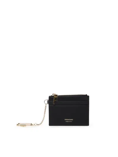 Ferragamo Black Calfskin Wallet With Key Ring