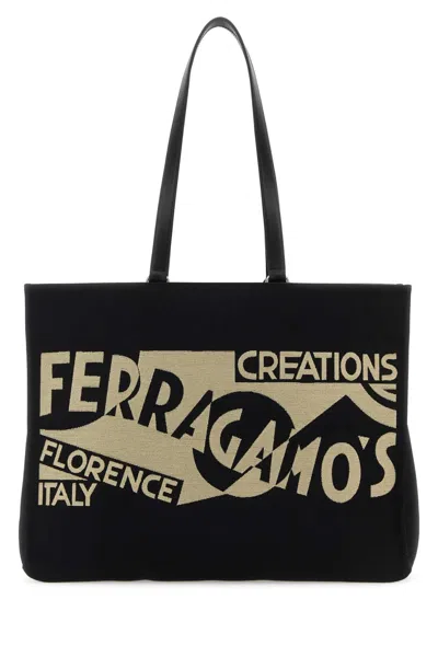 Ferragamo Black Canvas Large Tt Sign Shopping Bag