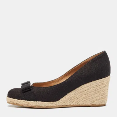 Pre-owned Ferragamo Black Canvas Vara Bow Darly Espadrille Wedge Pumps Size 40