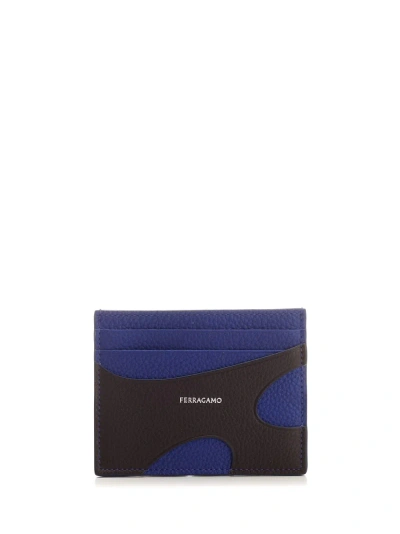 Ferragamo Black Card Holder With Blue Cut Out In Dark Brown