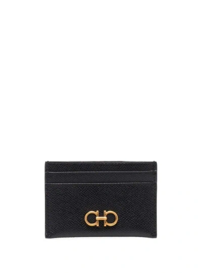 Ferragamo Black Card-holder With Gancini Detail In Hammered Leather