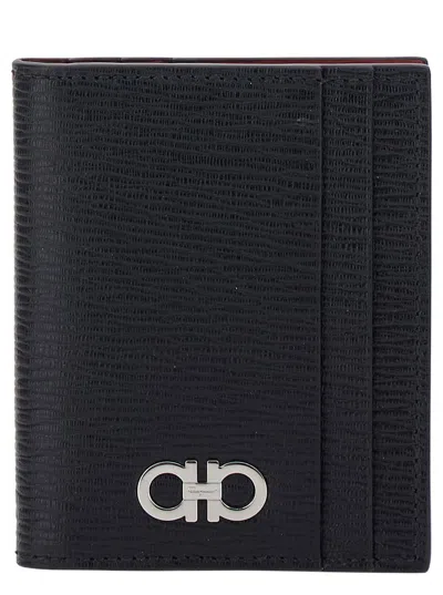 FERRAGAMO BLACK CARD-HOLDER WITH GANCINI DETAIL IN LEATHER MAN