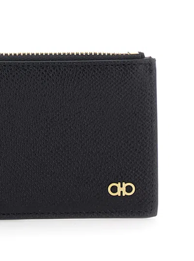 Ferragamo Black Card-holder With Micro Gancini Detail In Hammered Leather Man In Nero