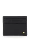 Ferragamo Black Card Holder With Micro Gancini On The Front And Logo Lettering On The Rear In Grained Leather  In Black