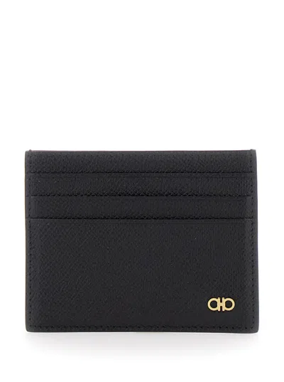 Ferragamo Black Card Holder With Micro Gancini On The Front And Logo Lettering On The Rear In Grained Leather 