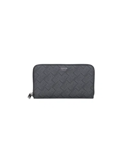 Ferragamo Black Central Zip Leather Wallet In Grey