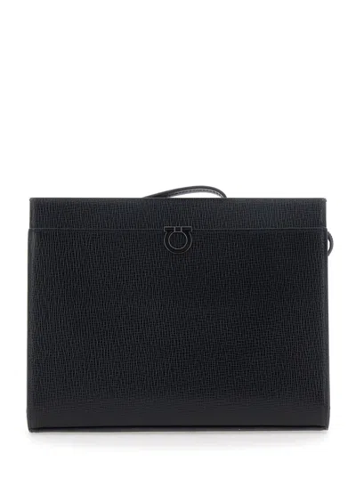 Ferragamo Black Clutch Bag With Gancini Decoration On The Front And Logo Lettering On The Back In Leather Man In Purple