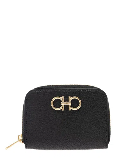 Ferragamo Black Coin Purse With Gancino Logo In Hammered Leaher Woman