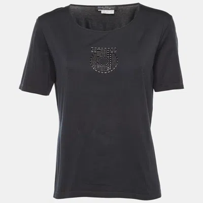 Pre-owned Ferragamo Black Cotton Gancini Embellished T-shirt Xl