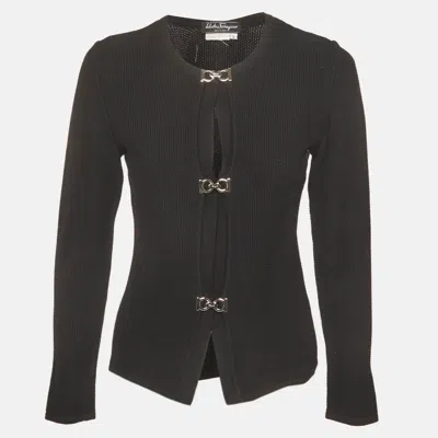 Pre-owned Ferragamo Black Cotton Knit Gancini Style Cardigan S