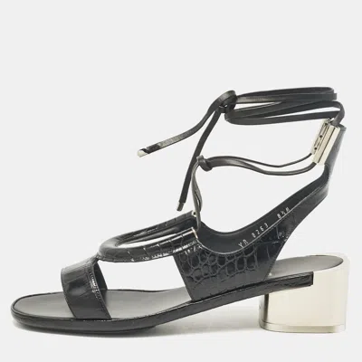 Pre-owned Ferragamo Black Croc Embossed Leather Glorja Ankle Strap Sandals Size 39