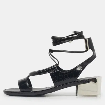 Pre-owned Ferragamo Black Croc Embossed Leather Glorja Sandals Size 39